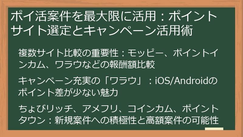ポイ活案件を最大限に活用：ポイントサイト選定とキャンペーン活用術