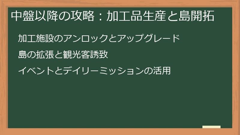 中盤以降の攻略：加工品生産と島開拓