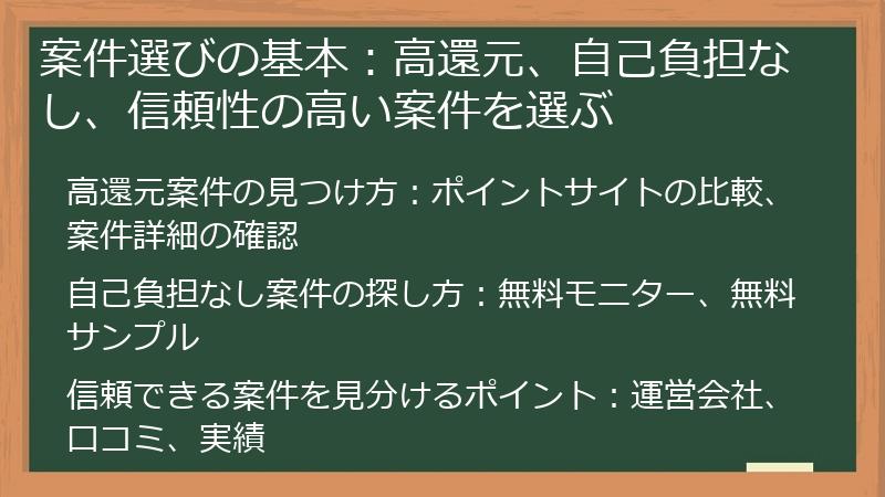 案件選びの基本:高還元、自己負担なし、信頼性の高い案件を選ぶ