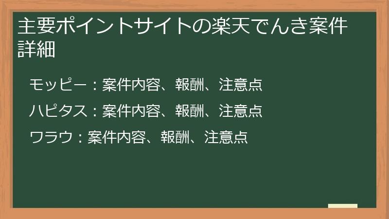 主要ポイントサイトの楽天でんき案件詳細