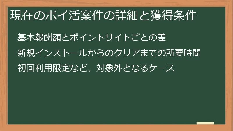 現在のポイ活案件の詳細と獲得条件