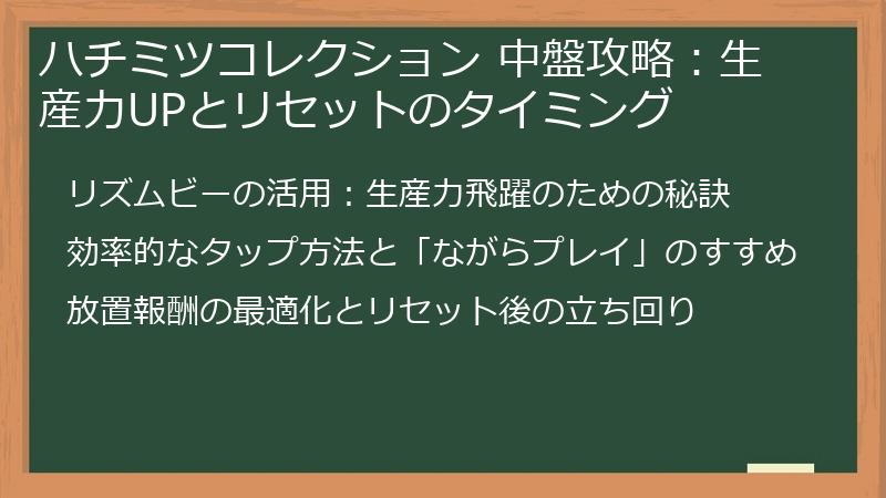 ハチミツコレクション 中盤攻略：生産力UPとリセットのタイミング