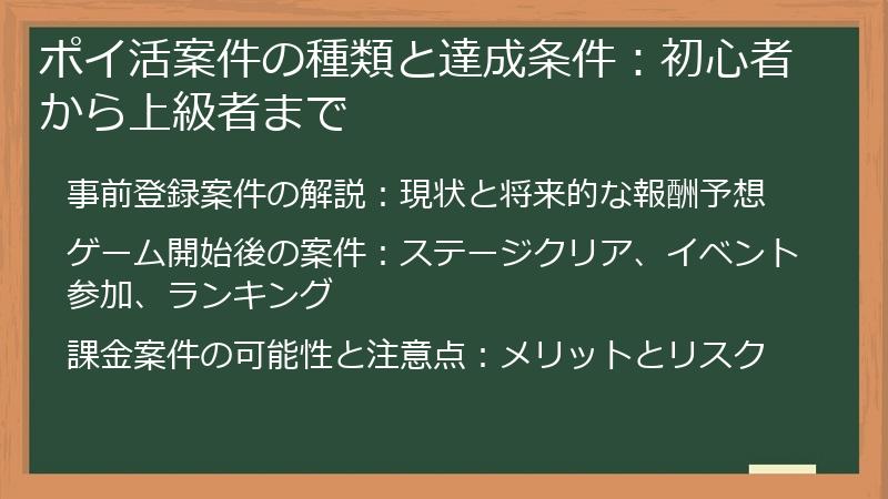 ポイ活案件の種類と達成条件：初心者から上級者まで