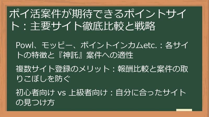 ポイ活案件が期待できるポイントサイト：主要サイト徹底比較と戦略