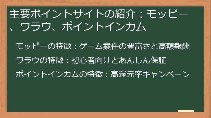主要ポイントサイトの紹介：モッピー、ワラウ、ポイントインカム