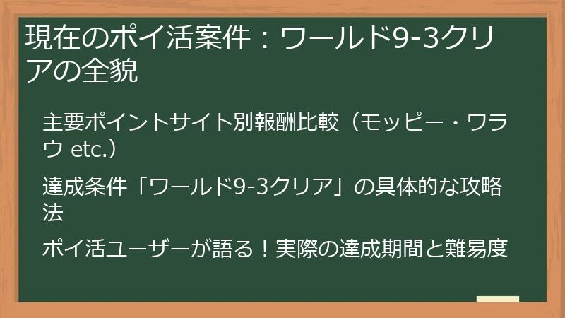 現在のポイ活案件：ワールド9-3クリアの全貌