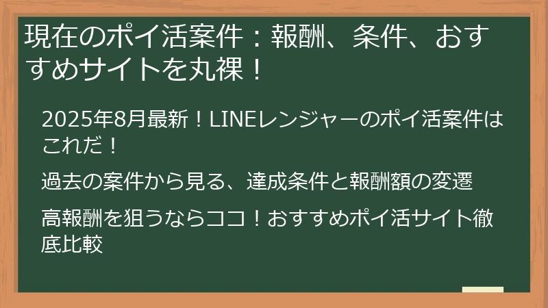 現在のポイ活案件：報酬、条件、おすすめサイトを丸裸！