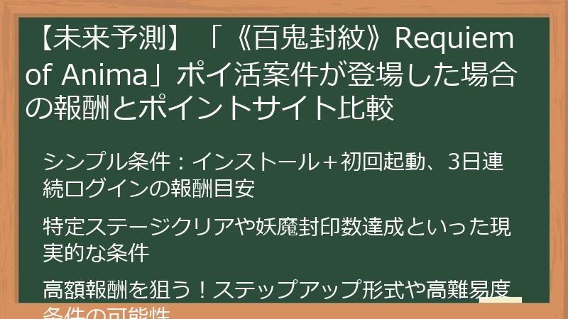 【未来予測】「《百鬼封紋》Requiem of Anima」ポイ活案件が登場した場合の報酬とポイントサイト比較