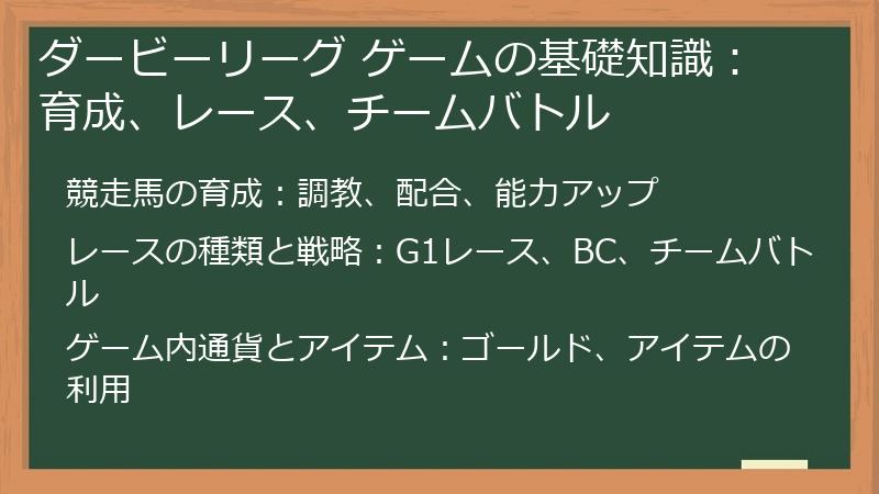 ダービーリーグ ゲームの基礎知識：育成、レース、チームバトル