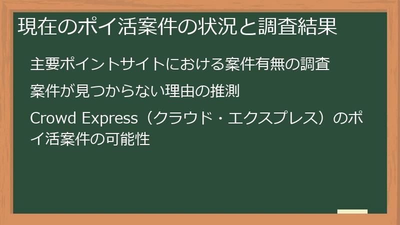 現在のポイ活案件の状況と調査結果