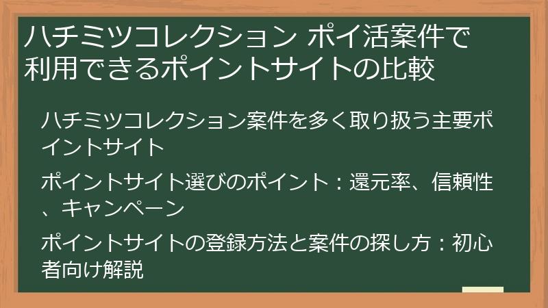 ハチミツコレクション ポイ活案件で利用できるポイントサイトの比較