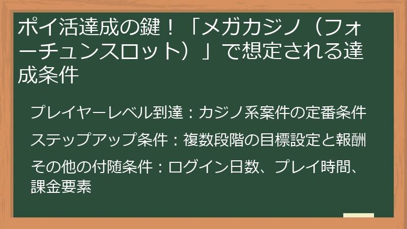 ポイ活達成の鍵！「メガカジノ（フォーチュンスロット）」で想定される達成条件