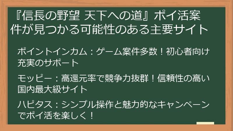 『信長の野望 天下への道』ポイ活案件が見つかる可能性のある主要サイト