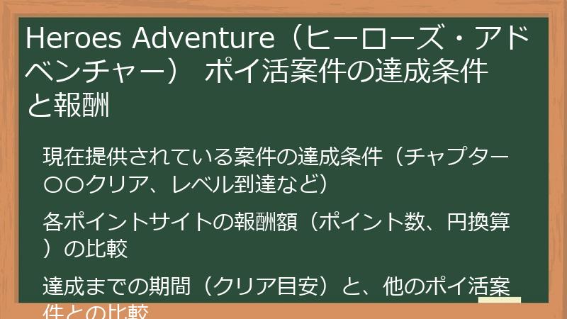 Heroes Adventure（ヒーローズ・アドベンチャー） ポイ活案件の達成条件と報酬