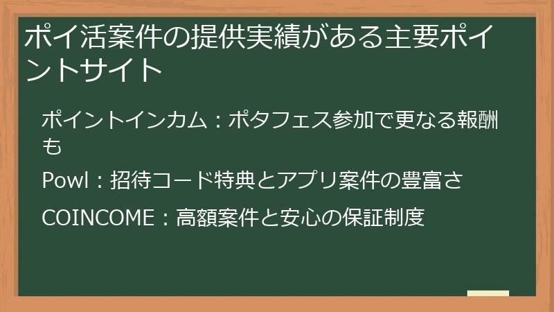 ポイ活案件の提供実績がある主要ポイントサイト