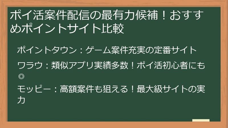 ポイ活案件配信の最有力候補！おすすめポイントサイト比較