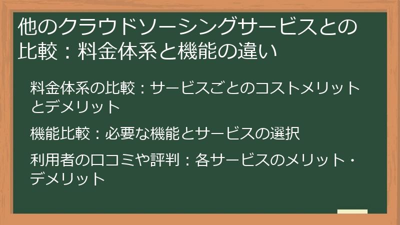 他のクラウドソーシングサービスとの比較：料金体系と機能の違い