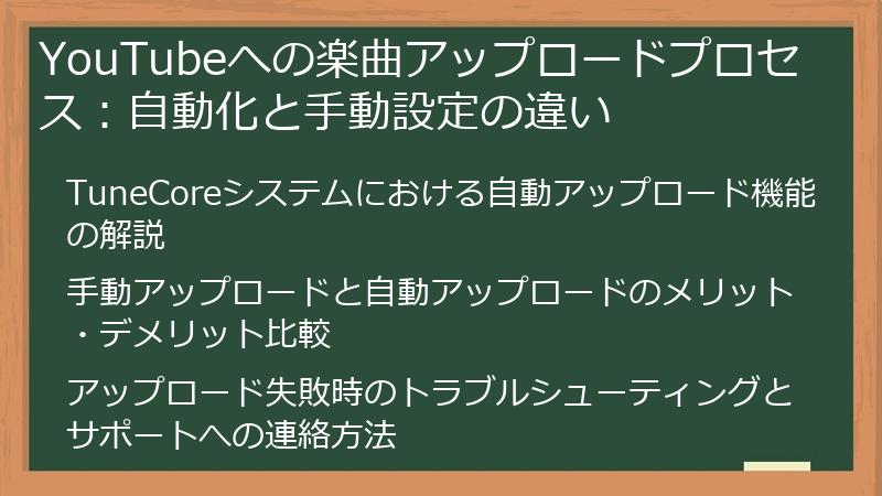 YouTubeへの楽曲アップロードプロセス：自動化と手動設定の違い
